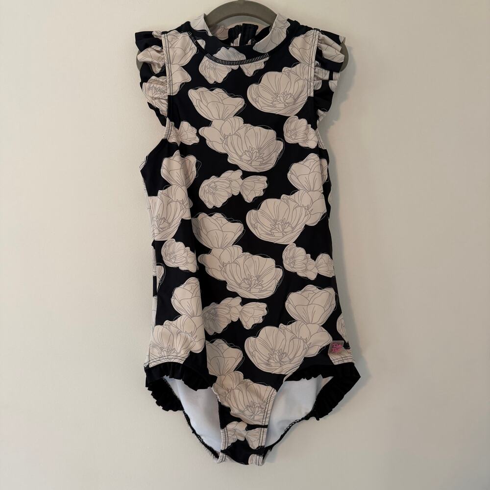 Ruffle Butts Girls One Piece Swimsuit Black & White Floral Size 12